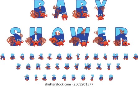 Cute Crab Themed Alphabet Vector Set. Crab Alphabets Clip Arts, A-Z, Letters, Numbers, Baby Clipart, Kids Clipart, Nursery Decor, Nursery Art, Baby Shower Clipart.