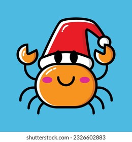 Cute crab wears Christmas hat funny vector cartoon illustration. Christmas in July, summer, beach, vacation theme.