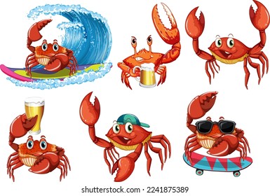 Cute crabs cartoon character set illustration