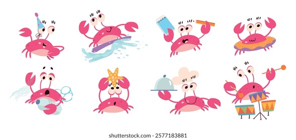 Cute crabs characters. Ocean crab cooking and surfing. Emotional ocean animals play music, looking on sea star and fights plastic waste, nowaday vector set