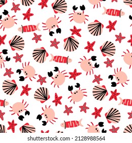 Cute Crabs and Fish Vector Seamless Pattern