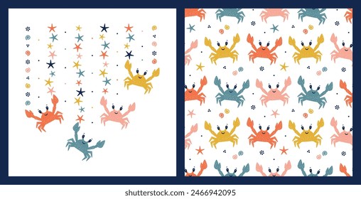 Cute Crabs Seamless patrón de verano y cartel. Fondo de animales marinos para niños. Estampado infantil. Dibujado a mano. No la IA. Ilustración vectorial.