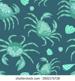 Cute crabs and seashells. Abstract vector seamless pattern. Colored cartoon ornament with sea animals. Funny modern design for print, fabric, textile, background, wallpaper, wrap, card, decor.