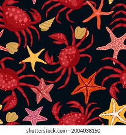 Cute crabs, seashells, starfish. Abstract vector seamless pattern. Colored cartoon ornament with sea animals. Funny design for print, fabric, textile, background, wallpaper, wrap, card, decor.