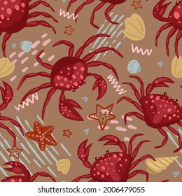 Cangrejos, conchas, pez estrella. Patrón abstracto del vector sin fisuras. Caricatura de colores adornada con animales del mar. Diseño divertido para impresión, tela, textil, fondo, papel pintado, envoltura, tarjeta, decoración.