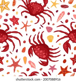 Cute crabs, seashells, starfish. Abstract vector seamless pattern. Colored cartoon ornament with sea animals. Funny design for print, fabric, textile, background, wallpaper, wrap, card, decor.