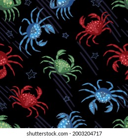 Cute crabs and starfish. Abstract vector seamless pattern. Colored cartoon ornament with sea animals. Funny modern design for print, fabric, textile, background, wallpaper, wrap, card, decor.