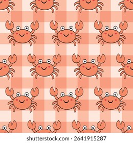 Cute crabs summer Seamless Pattern. gingham background. Perfect for Prints, Wrapping Paper, Wallpaper, Textiles, Stationery, and Fabric
