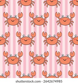 cute crabs summer seamless pattern. striped background. hand drawn illustration.  Perfect for Prints, Wrapping Paper, Wallpaper, Textiles, Stationery, and Fabric. sstkBackgrounds