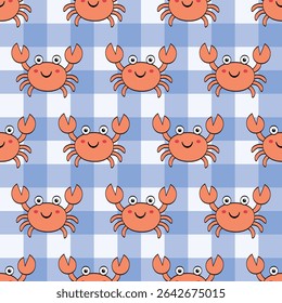 cute crabs summer seamless pattern. blue gingham background.  Perfect for Prints, Wrapping Paper, Wallpaper, Textiles, Stationery, and Fabric. sstkBackgrounds