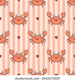 cute crabs summer seamless pattern. striped background. hand drawn illustration.  Perfect for Prints, Wrapping Paper, Wallpaper, Textiles, Stationery, and Fabric. sstkBackgrounds