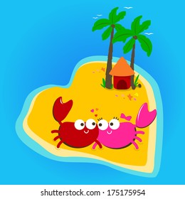 Cute crabs walking on the beach in a beautiful heart shaped island. Vector illustration