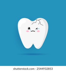 Dente de personagem choro cracking bonito isolado no fundo azul. Ícone emocional de dente quebrado com rachaduras. Cuidados dentários, problema de tratamento e conceito de higiene oral. Ilustração em plano vetorial