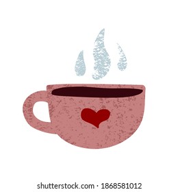 Cute craft ceramic mug with hot coffee. Hand drawn cup with tea, coffee isolated on white background. Pink texture, Red heart, steam. Cozy vector sticker. Good morning, hygge, breakfast symbol, Cafe