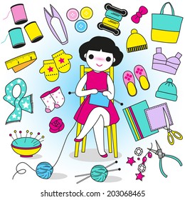 Cute crafter with her tools and accessories illustration set