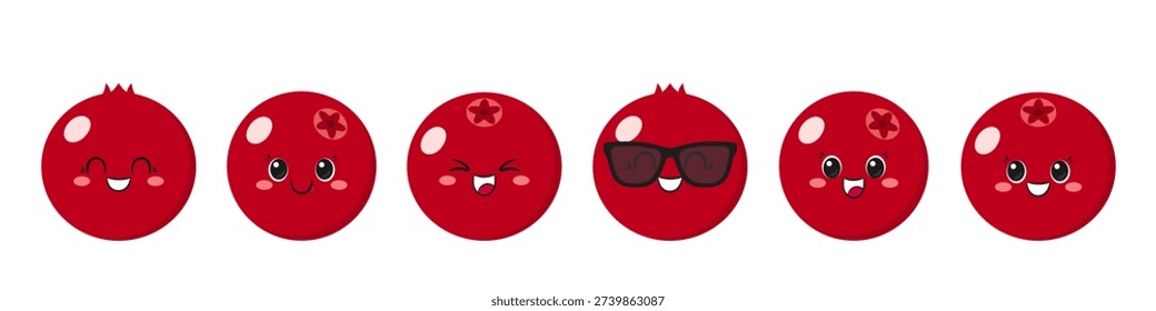 Cute cranberries set, fun cartoon character, healthy berry, happy smiling face, emotions joy delight, kawaii style, icon vector children's illustration.