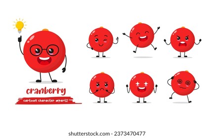 cute cranberry cartoon with many expressions. fruit different activity pose vector illustration flat design set.