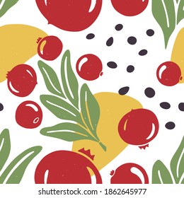 Cute cranberry seamless pattern. Ripe cranberry, cranberry lobules and leaves on white background. Vector shabby hand drawn illustration