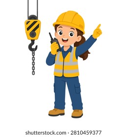Cute crane rigger construction worker holding control device beside lifting hook and chain isolated on white background for industrial site engineering and safety design