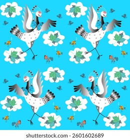 Cute cranes dancing among the clouds on a sky-blue background. Seamless vector pattern for fabric. Great print for pajamas.