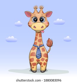 Cute cratoon giraffe with blue tie. Vector illustration of animal on the blue bacground with clouds.