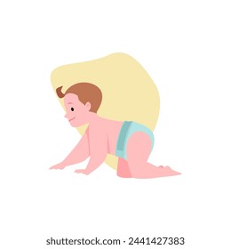 Cute crawling baby boy in diaper side view flat style, vector illustration isolated on white background. Decorative design element, nice child, infancy, abstract yellow shape