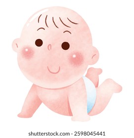 Cute Crawling Baby Illustration. A charming watercolor-style digital illustration of a happy baby crawling on the floor. 