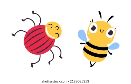 Cute Crawling Beetle and Flying Bumblebee as Garden Bug Vector Set