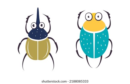 Cute Crawling Beetle with Wings and Legs as Garden Bug Vector Set