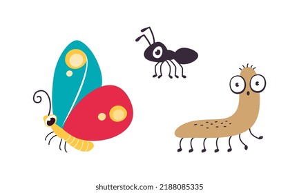 Cute Crawling Caterpillar and Flying Butterfly as Garden Bug Vector Set