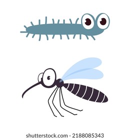 Cute Crawling Caterpillar And Flying Mosquito As Garden Bug Vector Set