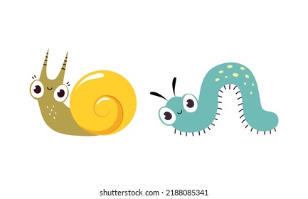 Cute Crawling Caterpillar and Snail with Spiral Shell as Garden Bug Vector Set