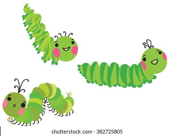 Cute crawling caterpillars set. Cartoon green caterpillars isolated on white. vector illustration.