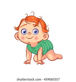 Cute crawling little baby boy. Sweet smiling cartoon toddler character with red hair. Baby emotions. Child development, first year. Colorful vector illustration isolated on white background.