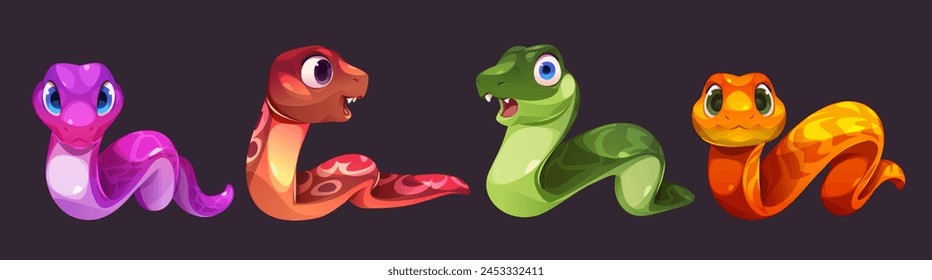 Cute crawling snake cartoon vector character set. Funny colorful skin jungle serpent. Tropical friendly animal with tongue and different face emotion. Childish comic reptile mascot collection.