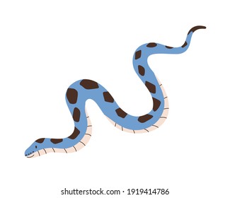 Una serpiente que se arrastra, aislada en un fondo blanco. Gracioso personaje reptil para niños. Un pitón sonriente de color azul con manchas negras. Ilustración portadora plana de color infantil