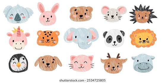 Cute crayon animal icon set, cute baby animal illustration, kids doodle scribbles with unicorn, elephant, rabbit, bear, panda naive wax crayon art. Vector Cartoon hand drawn childish sketches.