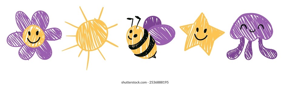 Cute crayon animal icon set, cute baby animal illustration, kids doodle scribbles with flower, bee, sun, star, jellyfish naive wax crayon art. Vector Cartoon hand drawn childish sketches.