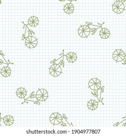 Cute Crayon Bicycle Scribble Kid Doodle Background. Hand Drawn Earthy Whimsical Motif Seamless Pattern. Naive Simple Character Cartoon For Minimal Baby Nursery Decor. Neutral Scandi Style Unisex Print