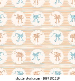 Cute crayon Katze und Hund Schreib Kind doodle Hintergrund. Handgezeichnetes, welliges Motiv nahtloses Muster. Naive, schlichte Zeichentrickskartoon für eine minimale Kindergartendekoration. Neutraler Skandalstil unisex.