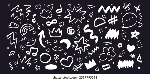 Cute crayon chalk elements set. Crayon chalkboard background with various hand drawn shapes, crown, star, arrow, moon, heart. Charcoal graffiti doodles and lines, Vector isolated illustration 