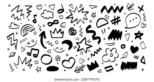 Cute crayon chalk elements set. Crayon chalkboard background with various hand drawn shapes, crown, star, arrow, moon, heart. Charcoal graffiti doodles and lines, Vector isolated illustration 