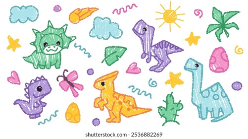 Bonito conjunto de dinossauros de giz de cera, criatura de crianças rabiscar, ilustração colorida lápis desenhado à mão. Desenho de dino para crianças ou crianças notas ou design de capa