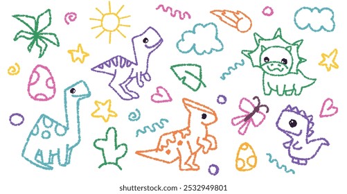 Bonito conjunto de dinossauros de giz de cera, criatura de crianças rabiscar, ilustração colorida lápis desenhado à mão. Desenho de dino para crianças ou crianças notas ou design de capa