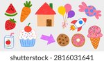 Cute crayon doodle element set vector. Kawaii hand drawn sticker collection with food, sweets, and toys isolated.
