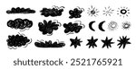 Cute crayon drawing kids style clouds, sun and moon, stars and rain drops. Hand drawn doodle clouds set collection with charcoal texture. Various pencil childish icons, weather elements