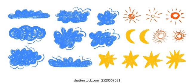 Cute crayon drawing kids style blue clouds, yellow sun and moon, stars and rain drops. Hand drawn doodle clouds set collection with charcoal texture. Various pencil childish icons, weather elements