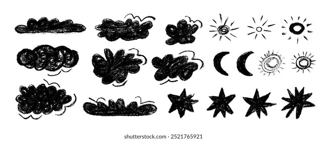 Lápis bonito desenhando crianças nuvens estilo, sol e lua, estrelas e gotas de chuva. Mão desenhada doodle nuvens definir coleção com textura de carvão vegetal. Vários ícones infantis lápis, elementos meteorológicos