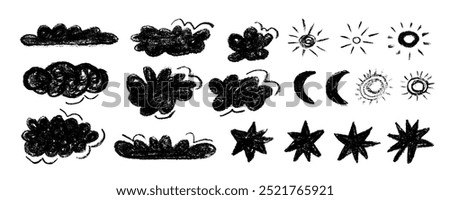 Cute crayon drawing kids style clouds, sun and moon, stars and rain drops. Hand drawn doodle clouds set collection with charcoal texture. Various pencil childish icons, weather elements