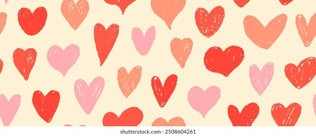 Cute crayon drawn hearts seamless pattern. Red and pink colored doodle rough hearts for Valentine's day. Love seamless banner design. Hand drawn vector romantic elements. Scribble doodle wallpaper.